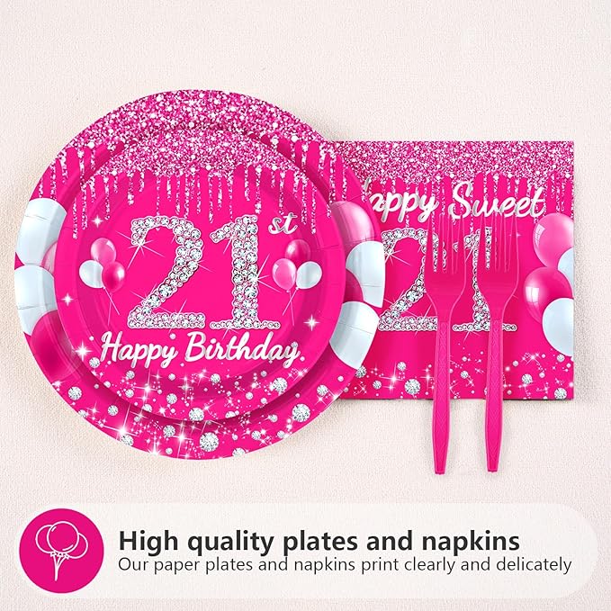 96Pcs 21st Birthday Party Supplies 350 GSM Hot Pink Sweet 21 Plates and Napkins Tableware Sets Happy 21st Birthday Decorations for Girls Women Finally Legal 21 Years Old Party Favors, Serves 24