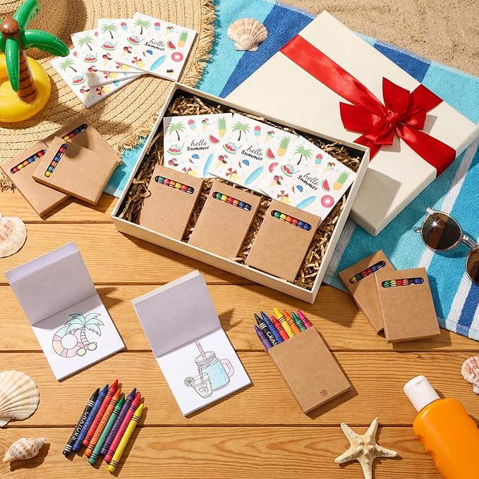 270 Pcs Mini Summer Coloring Books with 30 Pcs 8 Colors Crayons Summer Pool Beach Coloring Book Party Favors DIY Art Drawing Book for Kids Activities DIY Craft Activity Supplies