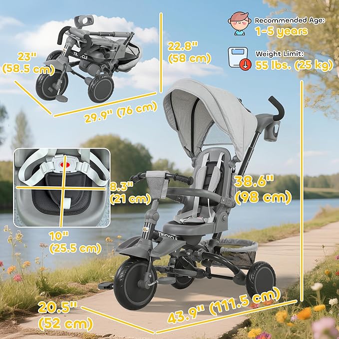 Qaba Kids Tricycle, 6 in 1 Foldable Baby Trike with Adjustable Push Handle, Tricycle Stroller with Removable Canopy, Reversible Seat, Safety Harness, Detachable Guardrail, Storage for 1-5 Years, Gray