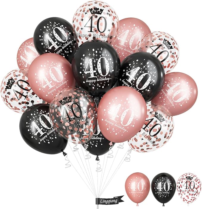 Black Rose Gold Happy 40th Birthday Balloons, 15 Pieces 40th Birthday Decorations for Women, 40th Latex Helium Balloons for Her Age 40 Years Old 40th Birthday Party Decor Celebration Supplies