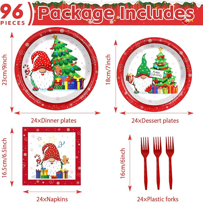 96 Pcs Christmas Party Supplies Paper Plates Napkins Merry Christmas Tree Gnome Party Disposable Tableware Set Decorations Favors for Holiday Xmas Serves 24