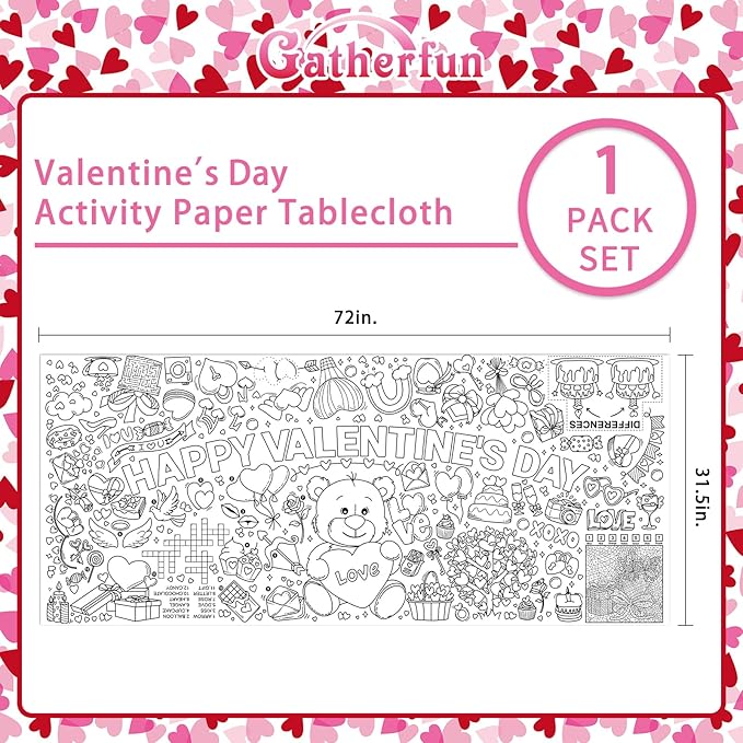 Gatherfun Valentine's Day Activity Poster - 31.5 x 72 Inches, Happy Valentine's Day Party, Versatile Paper Coloring Banner/Table Cover for School Parties and Special Events Decoration