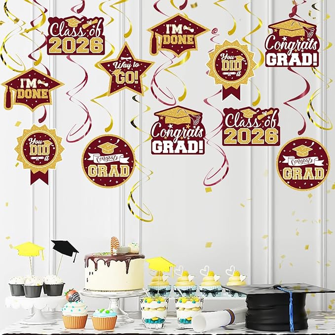 2026 Graduation Party Decorations - 30 Pcs Maroon Gold Class of 2026 Congrats Grad Hanging Swirl Ceiling Decor for Home School Classroom Graduation Party Supplies