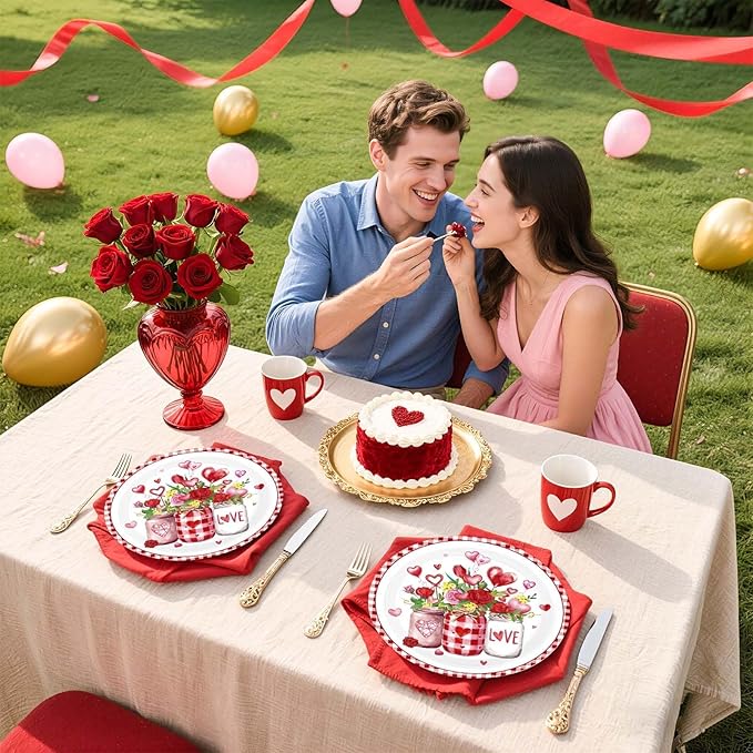50 Pcs Valentine's Day Paper Plates 10" Hot Heart Vase Dessert Plates Disposable Red Heart Party Supplies for Valentines Day Wedding Anniversary Engagement Party Decorations