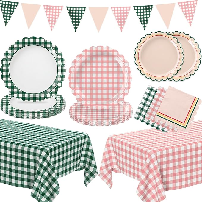 102 PCS Camp Bachelorette Decorations - Scalloped Gingham Plates, Napkins, Cups, Banner, Gingham Tablecloths for Baby Shower, Wedding, Birthday, Serves 25