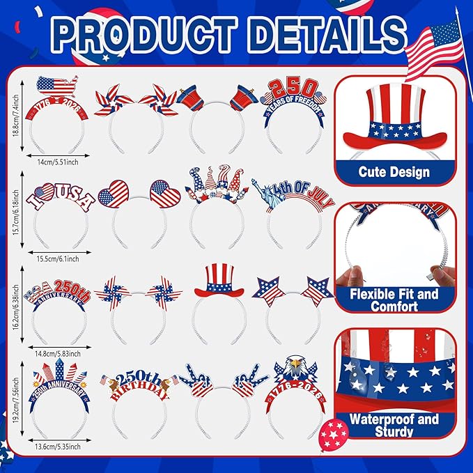 Blosssound 16 Pcs 250th Anniversary USA Headband 250th USA Patriotic Party Favor Gift Paper Head Bopper Independence Day Headwear Dress up 4th of July Party Costume Accessories Photo Prop Decor Supply