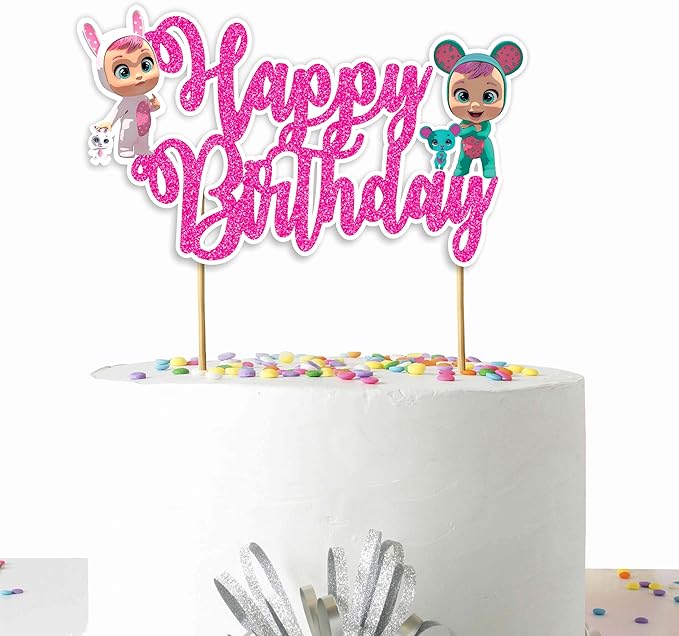 Cri Babes Happy Birthday Cake Topper -Cute Doll Style Theme Design, Colorful Party Cake Decoration for Birthday Celebration, Sweet Character Dessert Table Display, Photo Prop, Cake Centerpiece.