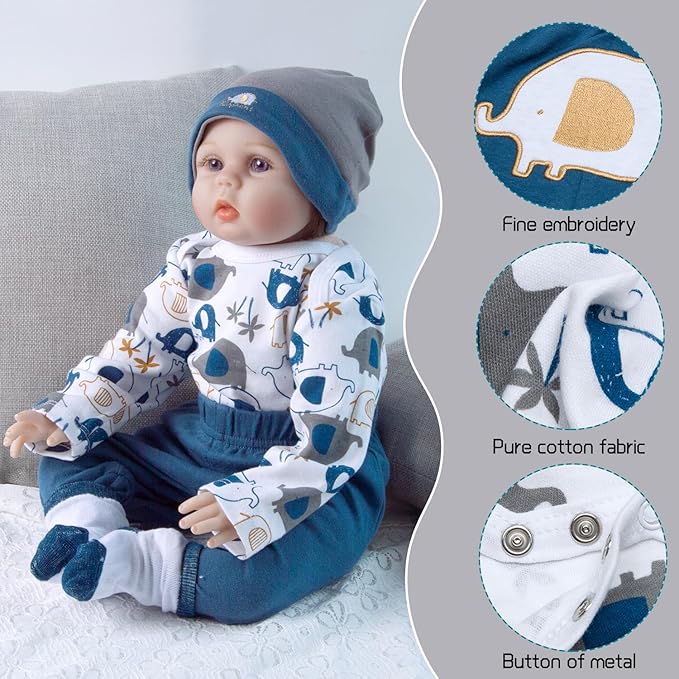12 Pcs Reborn Baby Doll Clothes Set for 17-22 Inch Babydolls, Elephant Reborn Baby Doll Accessories and Clothes with Plush-Finish Backpack and Elephant Set for Realistic Babydolls Girls, Blue, White