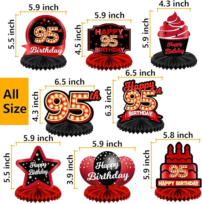 Happy 95th Birthday Red and Black Table Honeycomb Centerpieces Balloons Theme Decor Table Decorations Table Toppers for Girls Women Princess 95 Years Old Birthday Party Bday Supplies Background Gold