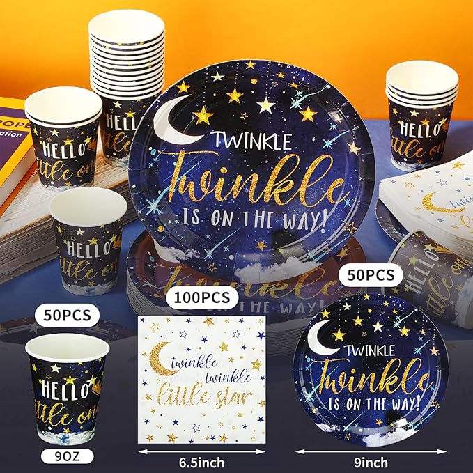 200 Pcs Twinkle Twinkle Little Star Baby Shower Paper Plates Napkins Cups Baby Shower Party Supplies Tableware Set Navy Blue Disposable Cup Napkin for 50 Guest Girls Spring Party Decoration