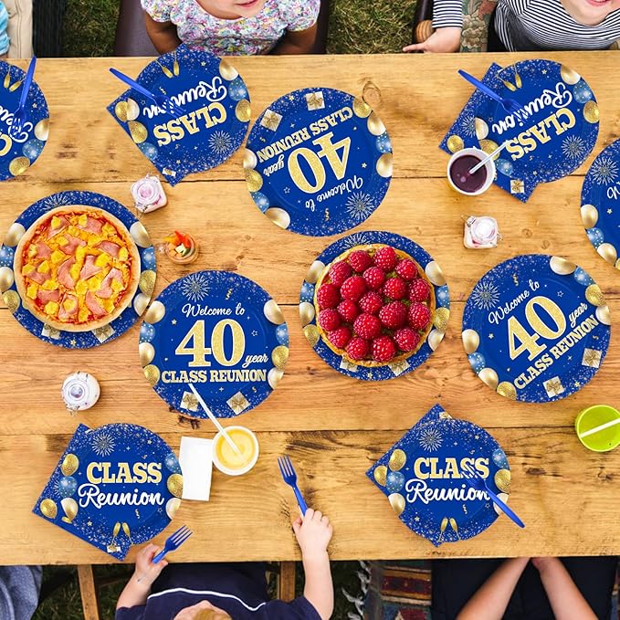 96Pcs 40th Class Reunion Decorations Happy 40th Anniversary Plates and Napkins Blue Gold Welcome Back Tableware Set for Class Reunion Welcome Back 40 Years Classmate Party Supplies Serves 24