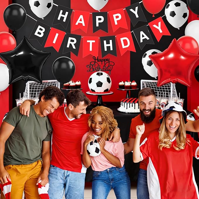 Soccer Birthday Party Decorations for Men Women, Soccer Birthday decorations with Red Black White Balloons Happy Birthday Banner Cake Toppers 18in Foil Balloon for Boys Girls Women Men Party Decor