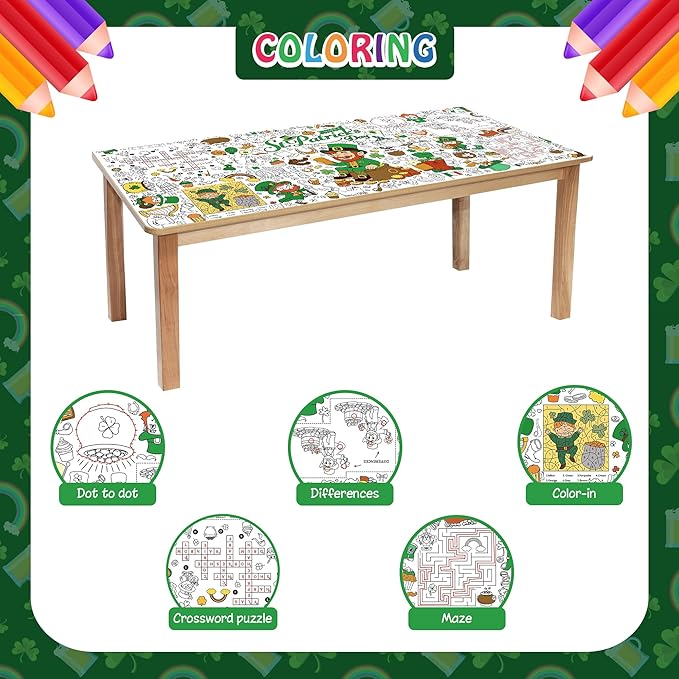 St. Patrick’s Day Coloring Tablecloth for Kids, Giant 30x72 Inch Poster with Shamrocks, Leprechauns, Perfect for Party Games, Holiday Decorations, Classroom Activities, Party Supplies