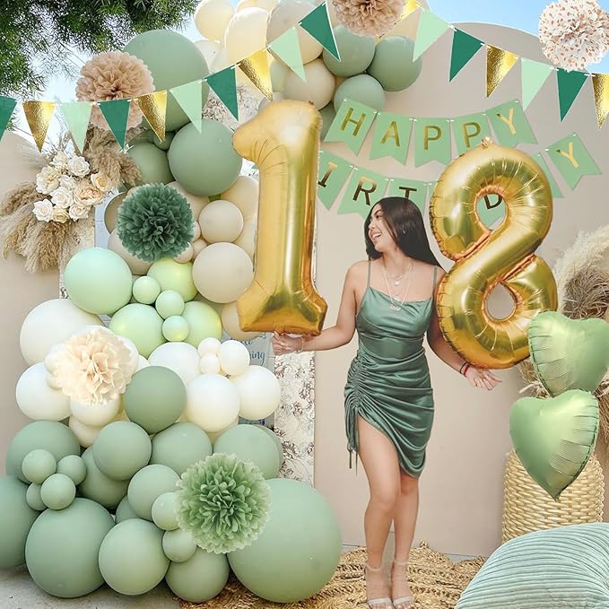 Sage Green Birthday Decorations, Birthday Party Décor, Gold Green Balloons Olive Happy Birthday Banner Fringe Curtain Background, Neutral Decorations for Women Men