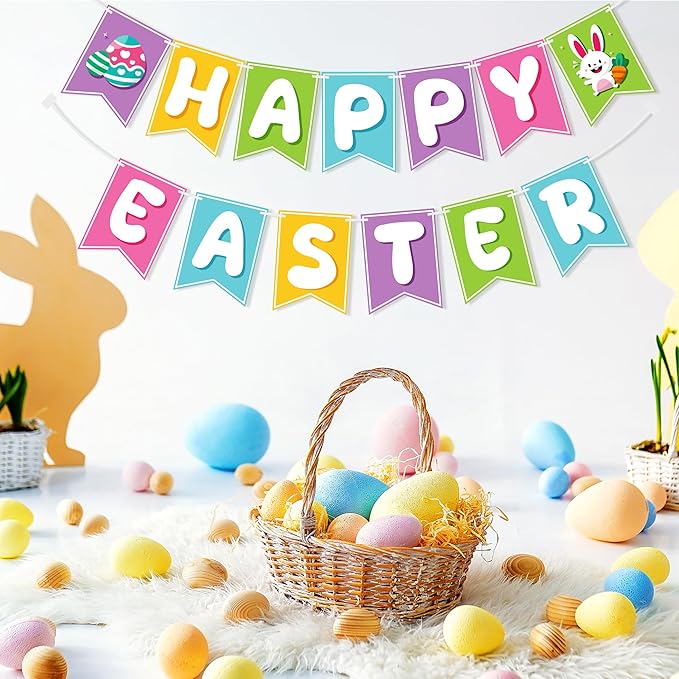OHOME Easter Decorations - Happy Easter Banner | Bunny Party Decorations for Indoor Outdoor Outside - Bunny Egg Garland for Front Door | Easter Backdrop Wreath for Window Wall - Easter Decor