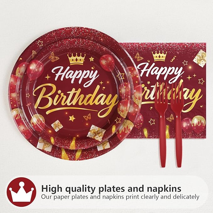 96Pcs Burgundy Birthday Party Decorations Maroon Wine Red Gold Birthday Paper Plates and Napkins Sets Red Golden Burgundy Theme Decorations for Winter Holiday Bday Dinner Party Supplies Serves 24