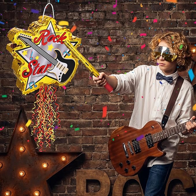 26Pcs Rock and Roll Guitar Piñata Party Set with Blindfold Banners Glasses Snap Bracelets for Music Theme Celebrations