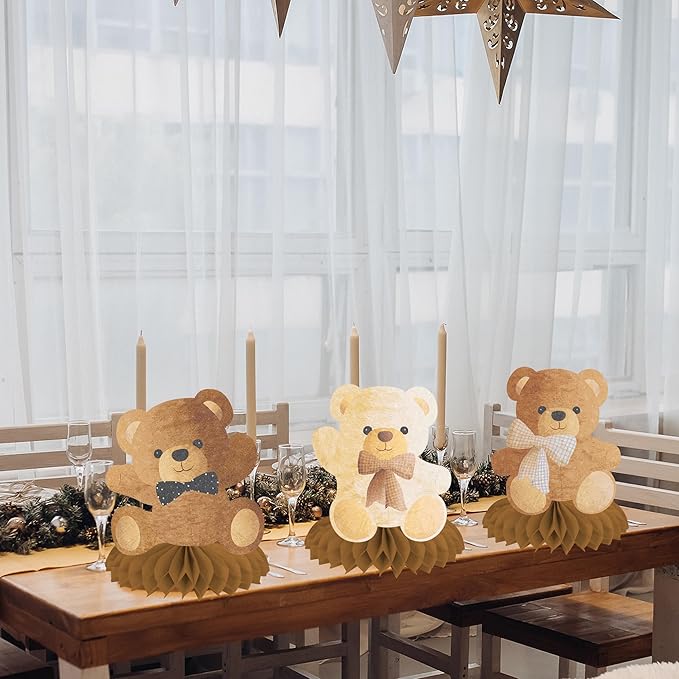 9pcs Teddy Bear Honeycomb Centerpieces Teddy Bear Birthday Decorations Bear Themed Table Decorations for Kids Teddy Bear Themed Birthday Party Gender Reveal Party Supplies