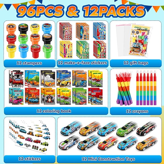 BenLouis 84Pcs Race Car Party Favors Racing Theme Coloring Books Crayons Sticker Set Bulk for Kids Fast Racecar Wheels Birthday Goodie Bag Stuffer Classroom Gifts Rewards Craft Pinata Fillers