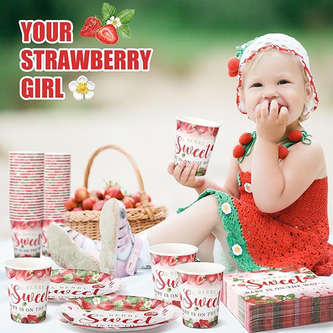 Hushee 200 Pcs Strawberry Baby Shower Paper Plates Napkins Cups Baby Shower Party Supplies Tableware Set a Berry Sweet Baby Is on the Way Disposable Plates for 50 Guest Girls Spring Summer Party