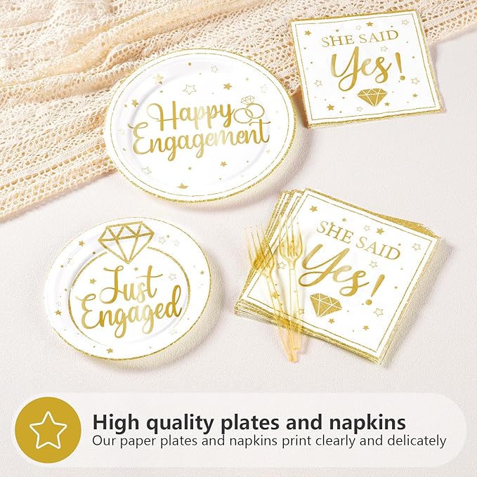 96Pcs Happy Engagement Party Supplies Gold Just Engaged Plates and Napkins Tableware Sets She Said Yes Engagement Decorations for Engaged Proposal Wedding Bridal Shower Married Party Favors Serve 24