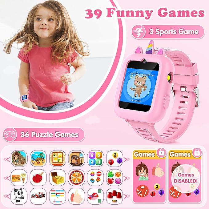 Smart Watch for Kids Girls Gift Age 3-12 with 39 Games Alarm Clock Camera Video Music Player Pedometer Flashlight 12/24 hr HD Touch Screen Kids Smart Watch Birthday Toys for Girls Ages 4 5 6 7 8 9 10