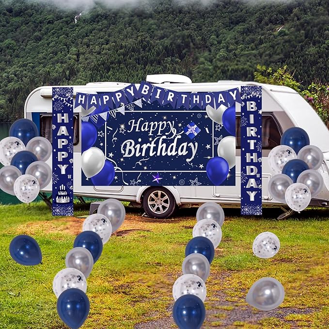 Blue Birthday Decorations, 37 PCS Blue and Silver Party Decorations for Men Boys Women Girls, Happy Birthday Backdrop Banner Tablecloth Party Supplies Confetti Balloons Arch