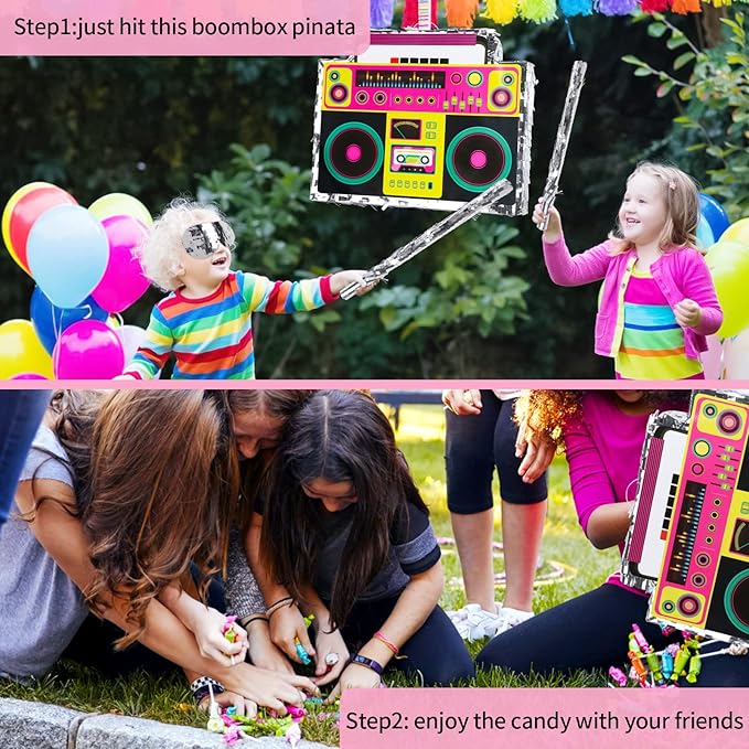 Boombox Pinata with Stick & Hanging Loop Retro 90s Theme Radio Music Mexican Pinata for Birthday Party Games Back to the 80s Party Supplies for Kids & Adults