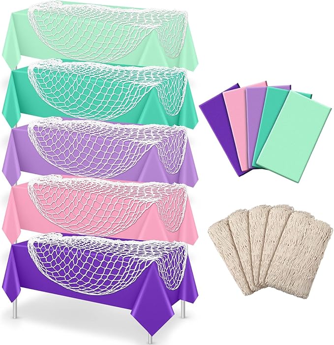 Unittype 10 Pcs Fish Net Decorative and Tablecloth Set, Cotton Fishnet and Plastic Table Cover Decorations Set for Nautical Themed Party Baby Shower Pirate Decorations Mermaid Party (Mermaid Colors)
