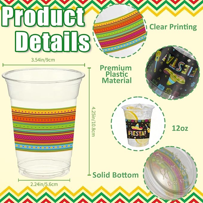 Cinco De Mayo Decorations Plastic Cups - 50pcs 12 Oz Plastic Clear Mexican Cups Disposable Drinking Cups For Fiesta Mexican Taco Bar Birthday Party Supplies Decorations