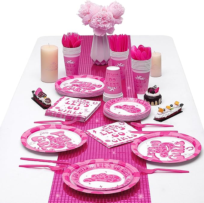 durony 176 Pieces Let's Go Girls Decorations Disco Cowgirl Party Supplies Let's Go Girls Hot Pink Table Runner Paper Plates Cups for Bachelorette Cowgirl Disco Party, Serve 25 Guests