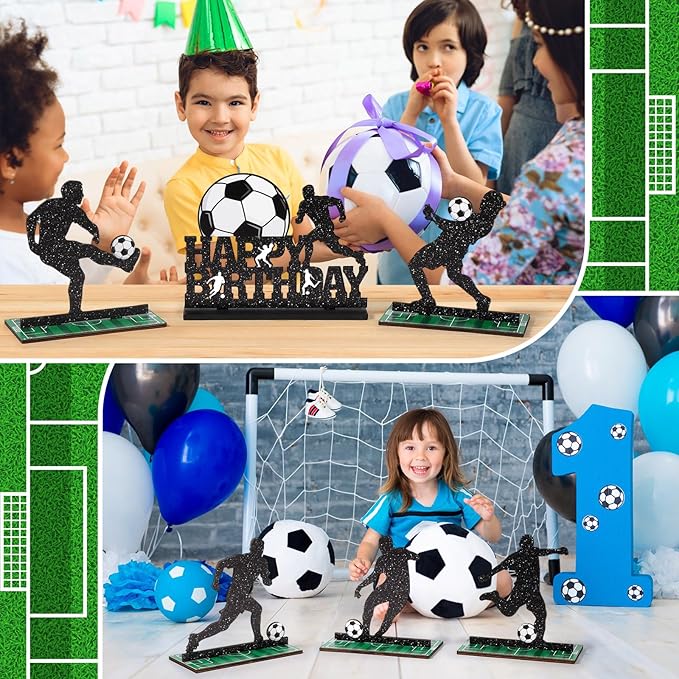 Geetery 7 Pcs Soccer Table Top Decorations Centerpieces Soccer Ball Happy Birthday Wooden Signs Player Silhouette Detachable Gifts for Football Fans Club Sports Theme Party Supplies