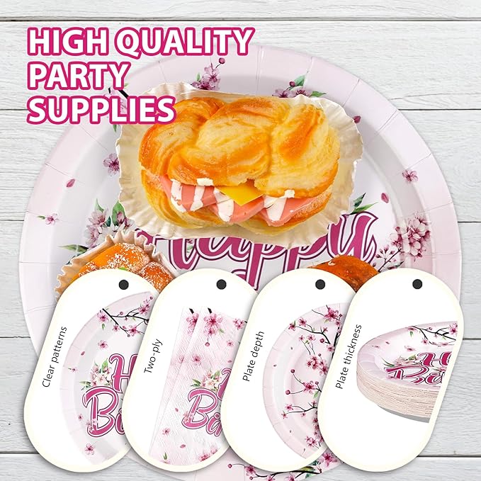 96 Pcs Cherry Blossom Birthday Party Decorations Disposable Japanese Sakura Themed Party Paper Plates and Napkins Pink Flowers Tableware Set for Birthday Baby Shower Wedding Bridal Supplies