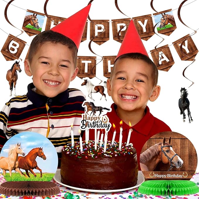 Tinlade 29 Pieces Horse Party Decorations Horse Birthday Banners Cowboy Hanging Swirls Hanging Cards Cupcake Toppers Honeycomb Centerpiece for Birthday Party Supplies(Classic)