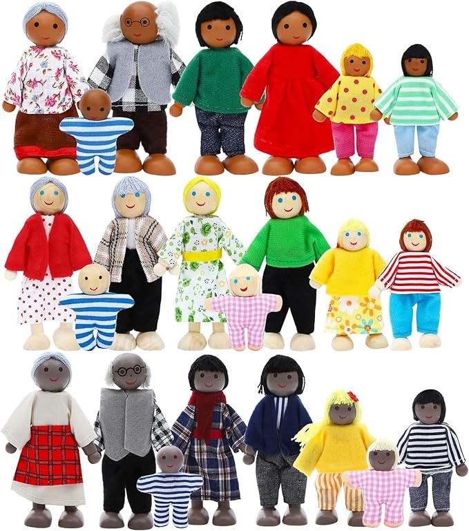 ONEST 23 Pieces Wooden Dollhouse Family Set Mini People Figures Dollhouse Dolls Wooden Doll Family Pretend Play Figures Accessories for Pretend Doll House Toy