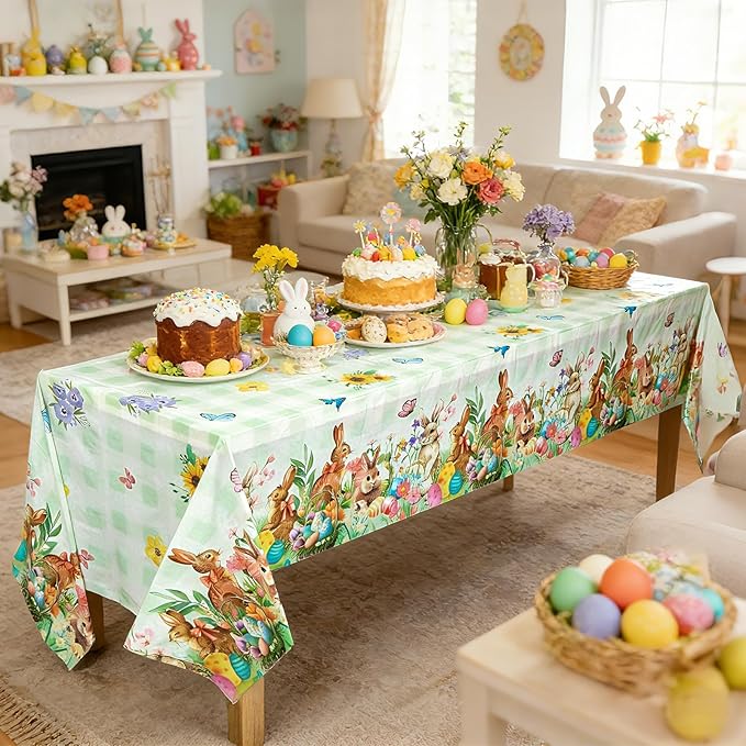 Accevo Easter Tablecloth 54 x 108 Inch Rectangle,2 Pack Easter Decorations, Disposable Plastic,Easter Bunny Table Cloth for Dining Room Spring Oblong Tablecloth Indoor Decor Party