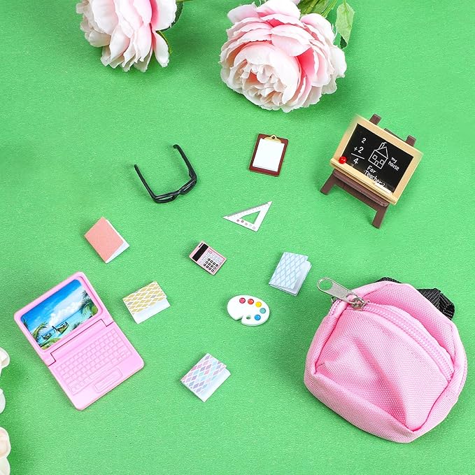 ONEST 34 Pieces Doll House School Supplies Mini School Accessories Dollhouse Toy Home Miniature Model DIY Doll Accessories