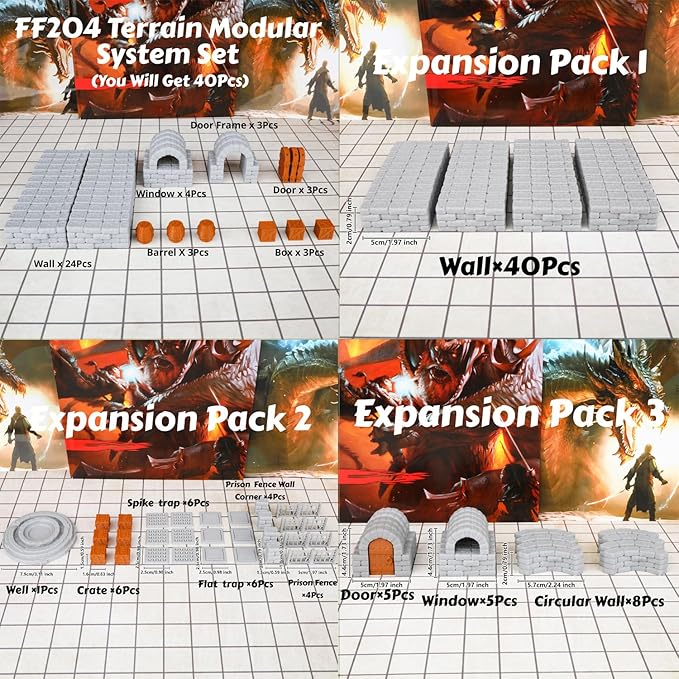 Dungeon Walls 40pcs 28mm Miniature RPG Terrain Modular System DND Terrain Building Accessories for Tabletop RPG Role Playing Scenes, Gift of Christmas Halloween for DM (Expansion Pack 1)