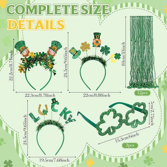3 Set St Patricks Day Accessories Party Favor Set, Shamrock Glitter Glasses Green Beaded Necklaces Headbands, St Patricks Day Photo Props Irish Costume Accessories for Irish Party Supply