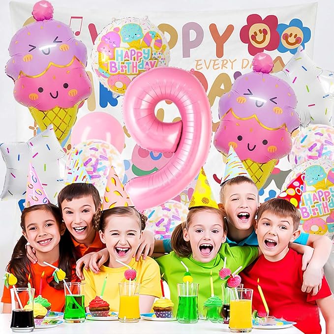 Pink Ice Cream Balloons, Number 9 Balloon, 9th Birthday Decorations for Girls, Ice Cream Balloon for Girls Birthday Party Decoration (9)