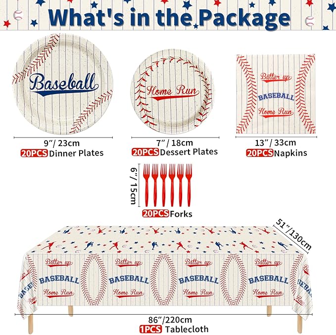 Baseball Party Supplies for 20 Guests - Home Run Plates, Napkins, Forks, Batter Up Tablecloth for Kids Boys Sports Theme Birthday Decorations, Event Game Day Party Decor