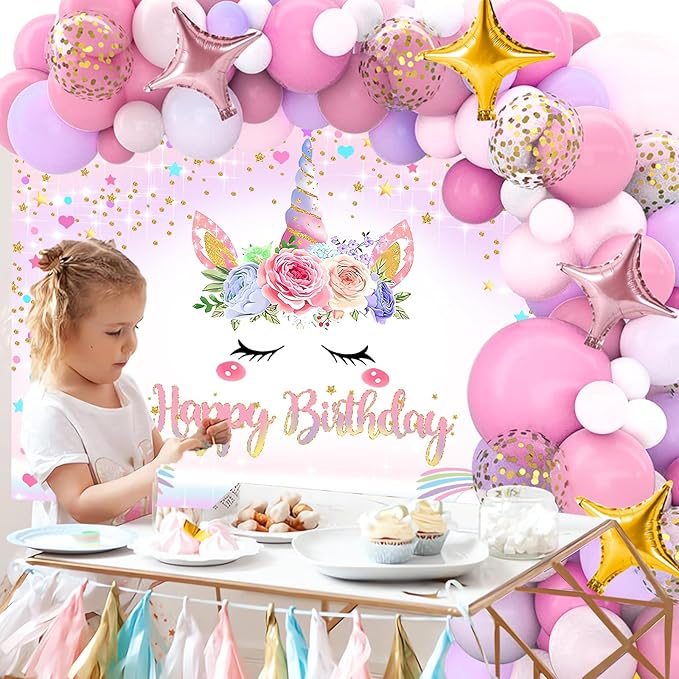 Unicorn Birthday Decorations for Girls,118pcs Unicorn Theme Party Decorations with Balloon Garland Arch Kit Backdrop and Tablecloth for Girls Women Birthday Party Supplies(Pink)