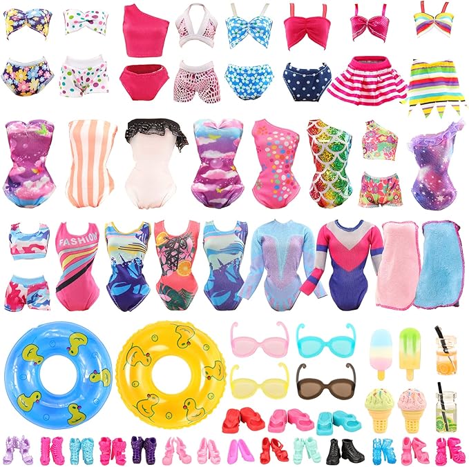 Lot 26 Pack Doll Clothes and Accessories Beach Bathing Set Including 5 Swimsuit 1 Bathrobe 2 Swimming Rings with 18 pcs Glasses Shoes Drinks for 11.5 inch Girl Dolls