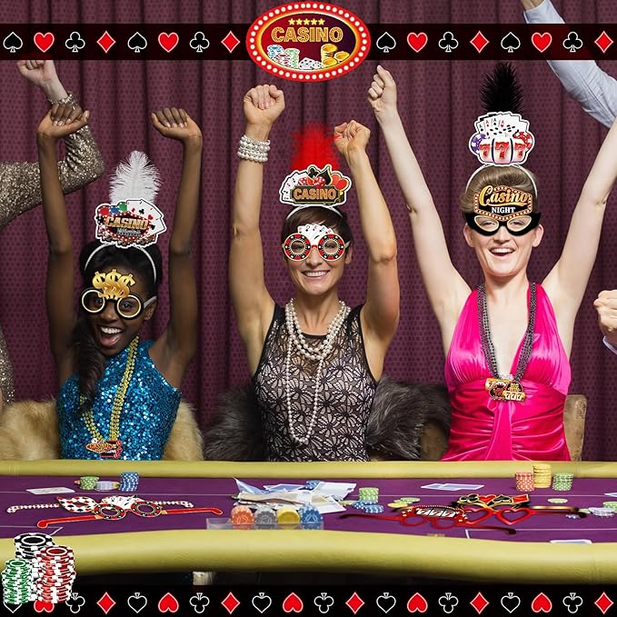 Landical 36 Pcs Casino Night Party Supplies 12 Beaded Necklaces 12 Hat Headbands 12 Paper Night Glasses Prop Accessories Tiaras Poker Dice Sign Casino Party Favors Las Vegas Game Decorations