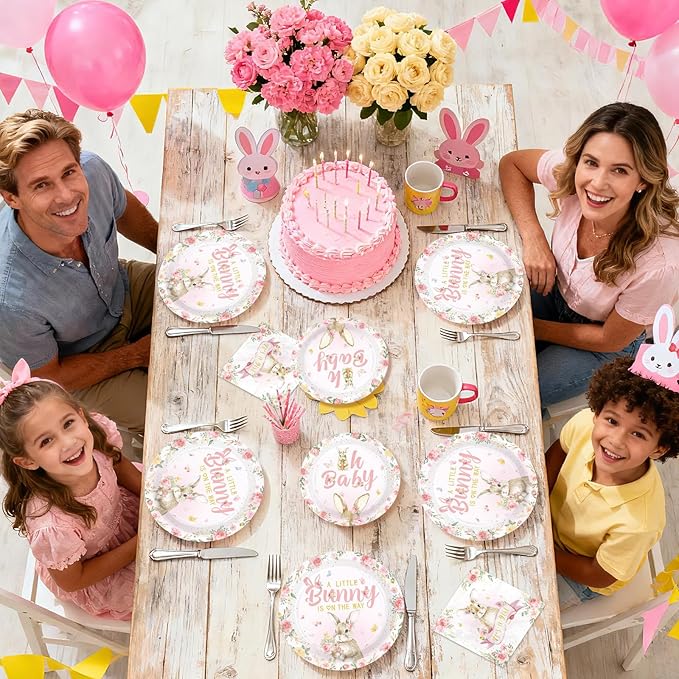 96 Pcs Easter Bunny Baby Shower Party Supplies A Little Bunny is on The Way Plates and Napkins Disposable Pink Floral Rabbit Tableware Set for Girls Baby Shower Party Decorations Serves 24