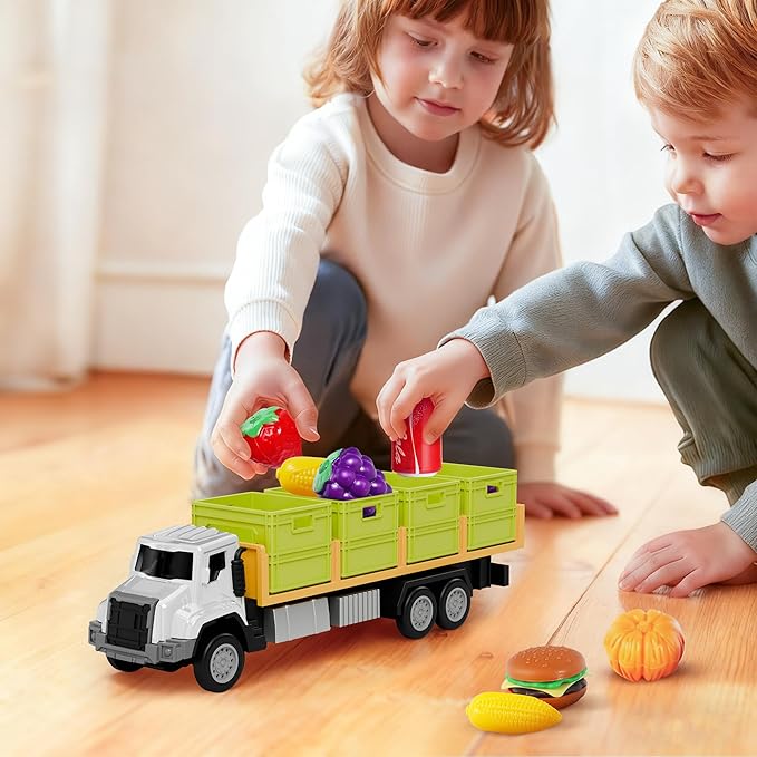 iPlay, iLearn Kids Friction Food Transport Truck Toys, Toddler Push Go Car Vehicle W/Storage Boxes & Foods, Alloy Head Cargo Carrier Play Trucks, Birthday Stocking Gift for 3 4 5 Year Old Boy Girl
