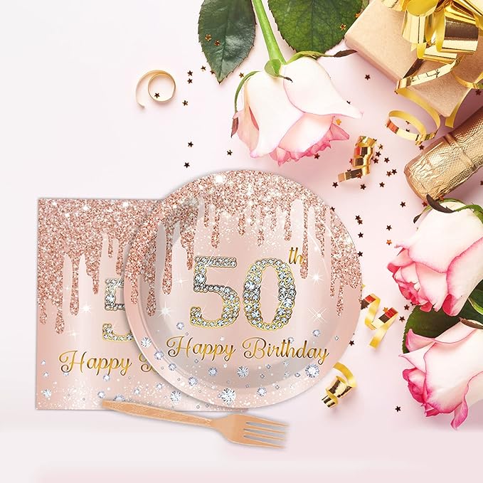 96 Pieces 50th Birthday Tableware Set for Pink Rose Gold 50th Birthday Table Decorations Supplies Pink Rose Gold Happy 50 Years Old Dessert Paper Plates Napkins Forks for 24 Guests Women Supplies