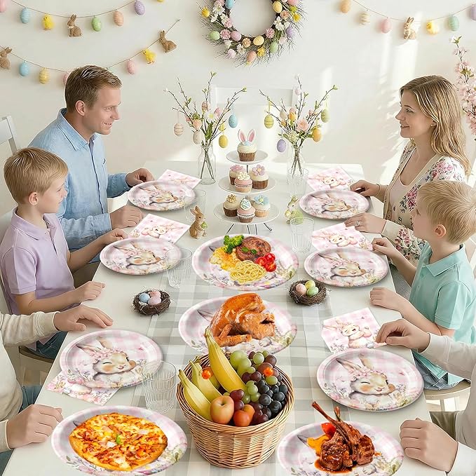 150 Pcs Easter Paper Plates and Napkins Sets Party Supplies - Disposable Cute Pink Plaid Easter Bunny Eggs Dinner Plate Napkin Paper Tableware for Spring Easter Table Decorations Party Supply,Serve 50