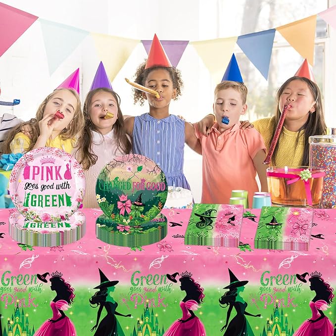 41pcs Witch Party Decorations Include 10pcs Pink Plates, 10pcs Green Plates, 20pcs Napkins, Tablecloth for Pink and Green Birthday Decorations