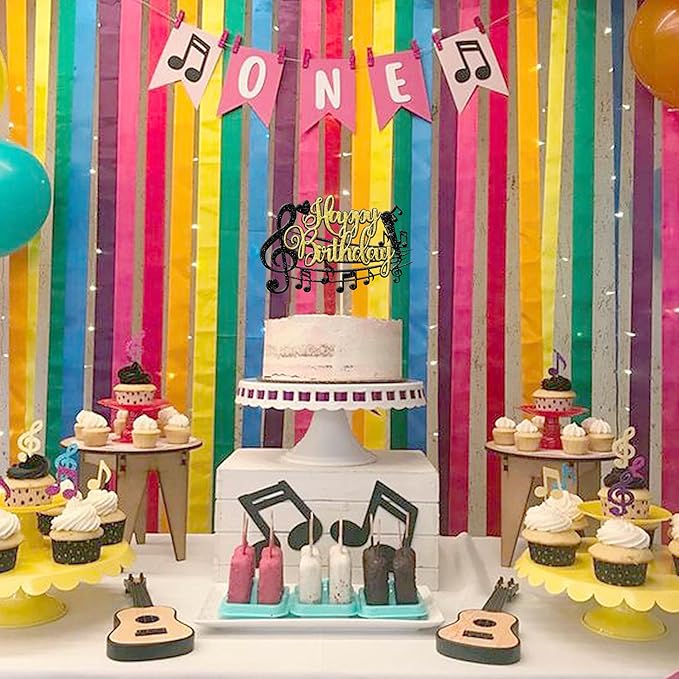 1 PCS Music Happy Birthday Cake Topper Black Gold Glitter Musical Symbol Note Microphone Music Lover Birthday Cake Pick for Concert Singer Theme Party Cake Decoration Supplies